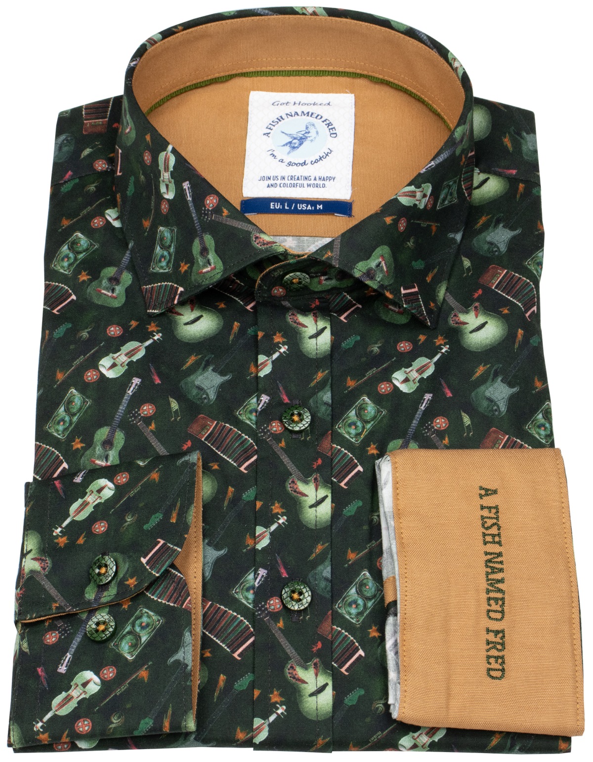 A Fish Named Fred Hemd - Modern Fit - Print - Musikinstrumente - dunkelgrün - ohne OVP