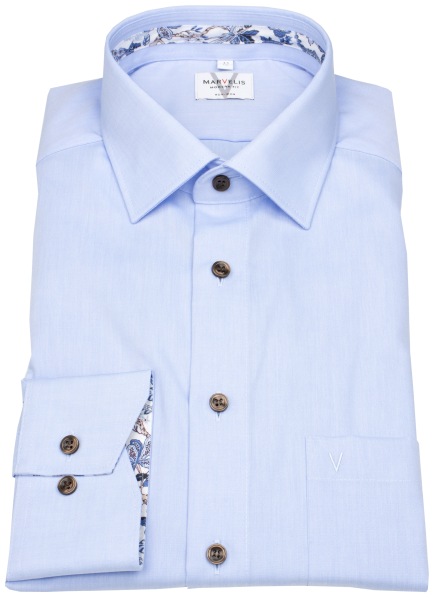 Marvelis Hemd - Modern Fit - Kontrastknöpfe - hellblau - extra langer 69cm Arm