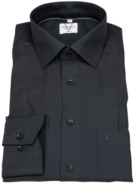 Marvelis Hemd - Modern Fit - Struktur - Chambray - schwarz - extra langer 69cm Arm - 7218 89 68 